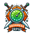 Progress logo: A green timer in front of two crossed swords with an orange background shaped like a shield