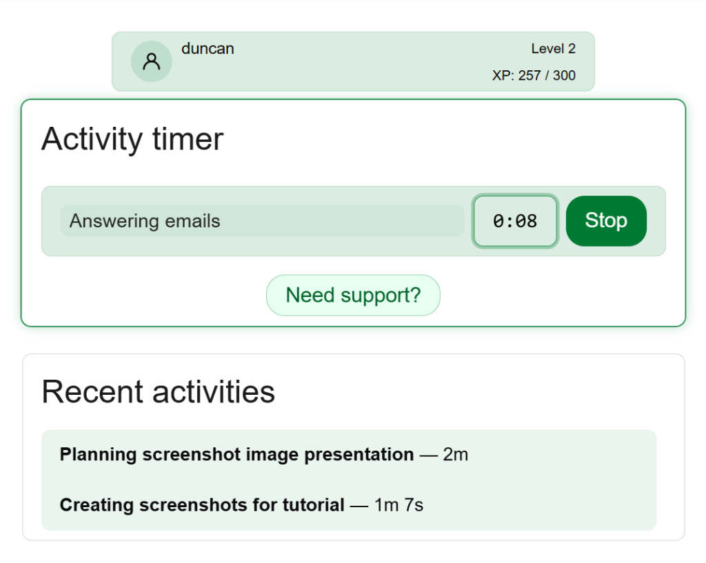 An interface with three sections in a column: player info, activity timer, and recent activities. It uses light and dark greens.